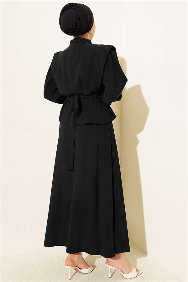 2 Piece Set with shoulder detail and belted skirt, black.