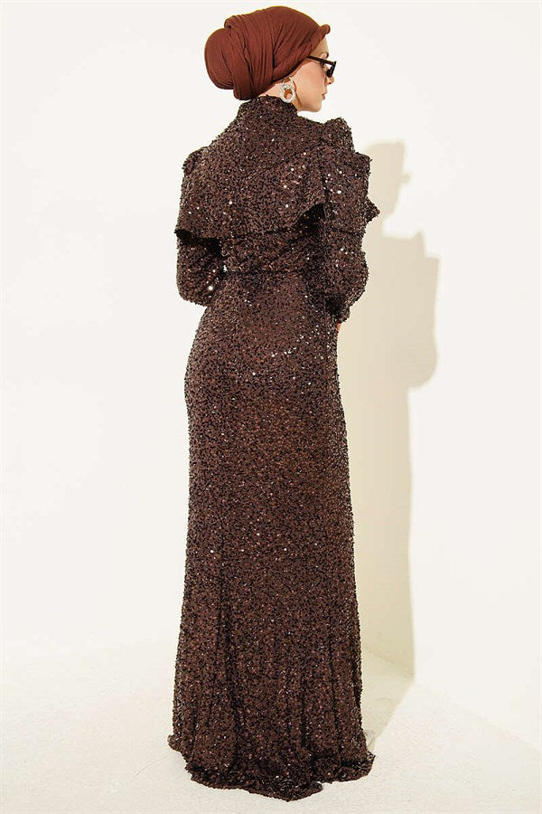 Dark Brown Sequin Evening Dress with Shoulder Detail