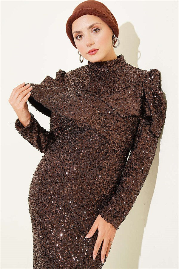 Dark Brown Sequin Evening Dress with Shoulder Detail