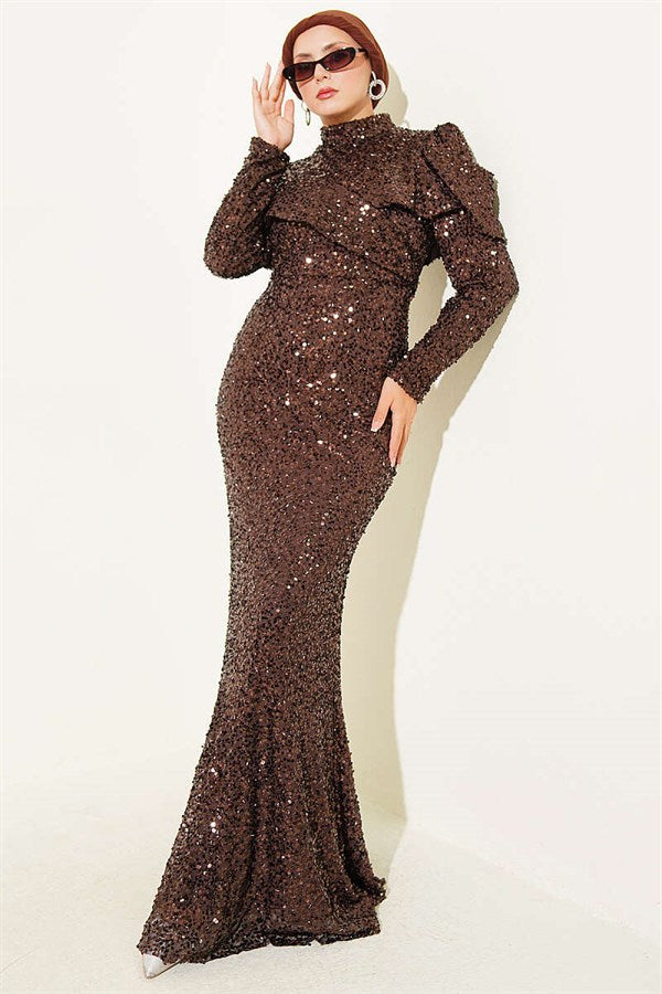 Dark Brown Sequin Evening Dress with Shoulder Detail