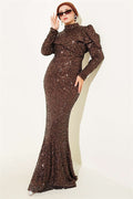 Dark Brown Sequin Evening Dress with Shoulder Detail