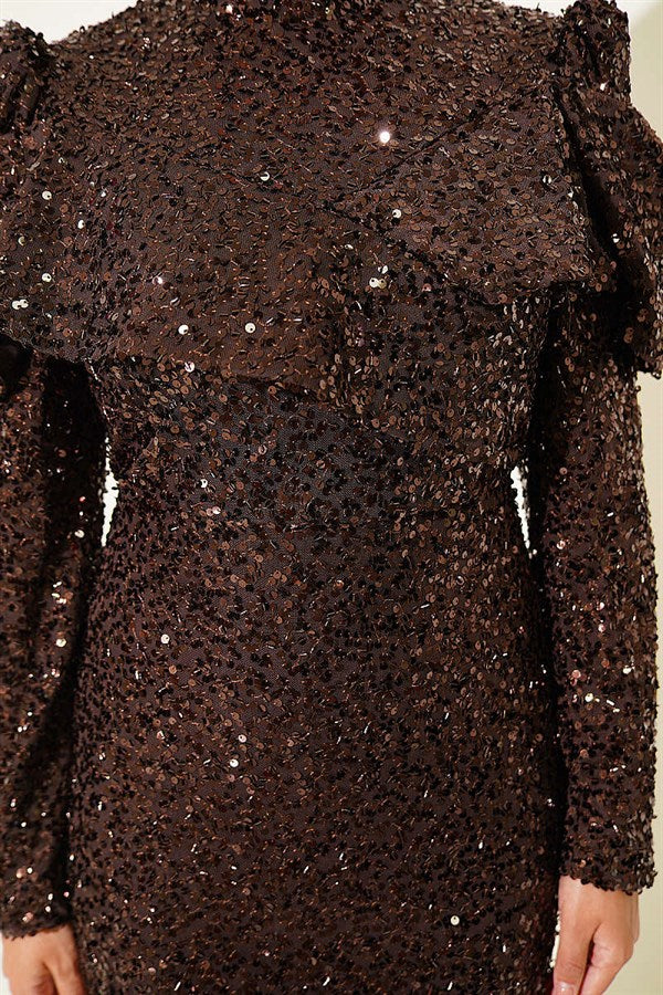 Dark Brown Sequin Evening Dress with Shoulder Detail