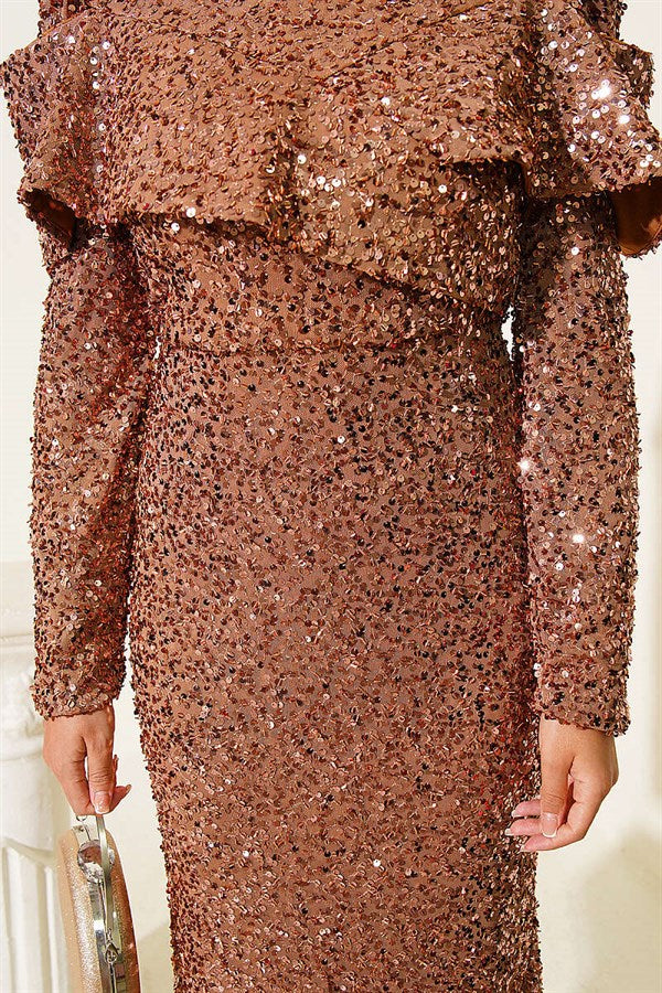 Copper Sequin Evening Dress with Shoulder Detail