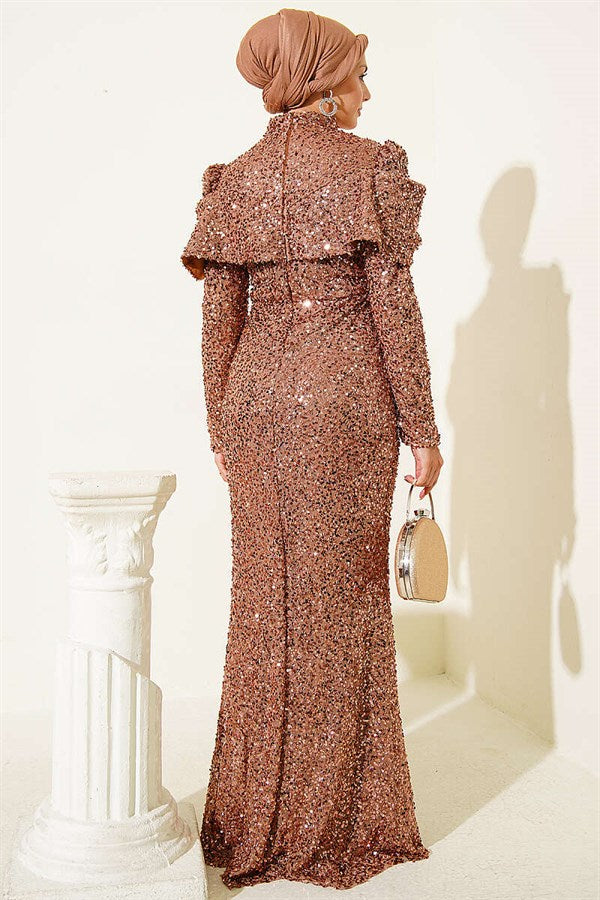 Copper Sequin Evening Dress with Shoulder Detail