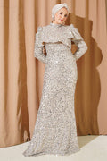 Beige Sequin Evening Dress with Shoulder Detail
