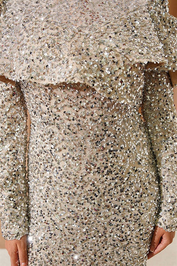 Beige Sequin Evening Dress with Shoulder Detail