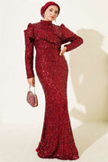 Burgundy Sequin Evening Dress with Shoulder Detail