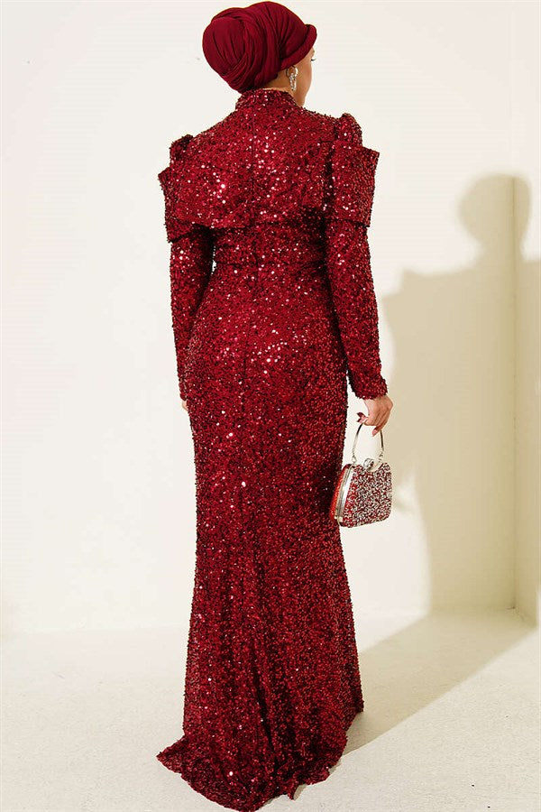 Burgundy Sequin Evening Dress with Shoulder Detail