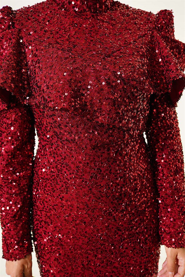 Burgundy Sequin Evening Dress with Shoulder Detail