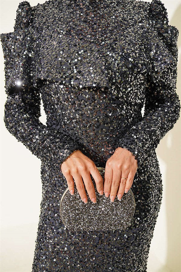 Off-Shoulder Detail Sequin Evening Dress, Smoke Gray