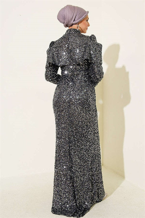 Off-Shoulder Detail Sequin Evening Dress, Smoke Gray