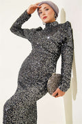Off-Shoulder Detail Sequin Evening Dress, Smoke Gray