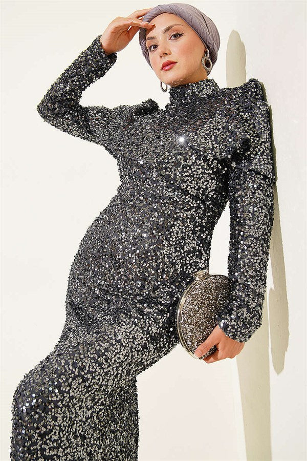 Off-Shoulder Detail Sequin Evening Dress, Smoke Gray