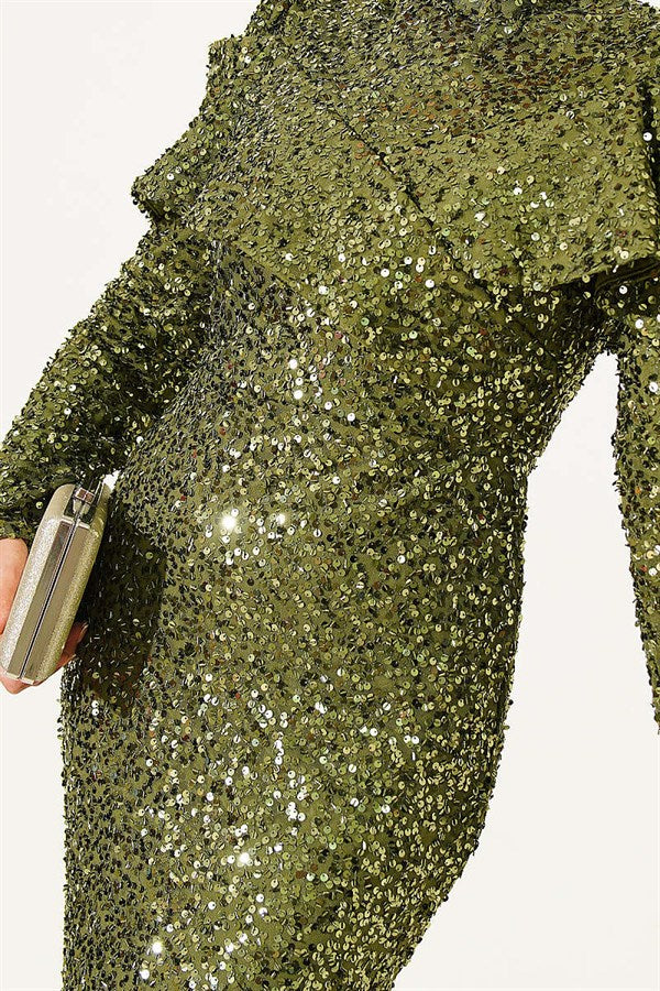 Khaki Sequin Evening Dress with Shoulder Detail