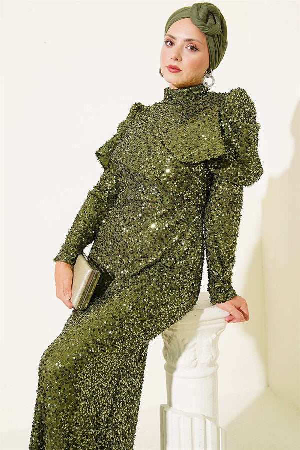 Khaki Sequin Evening Dress with Shoulder Detail