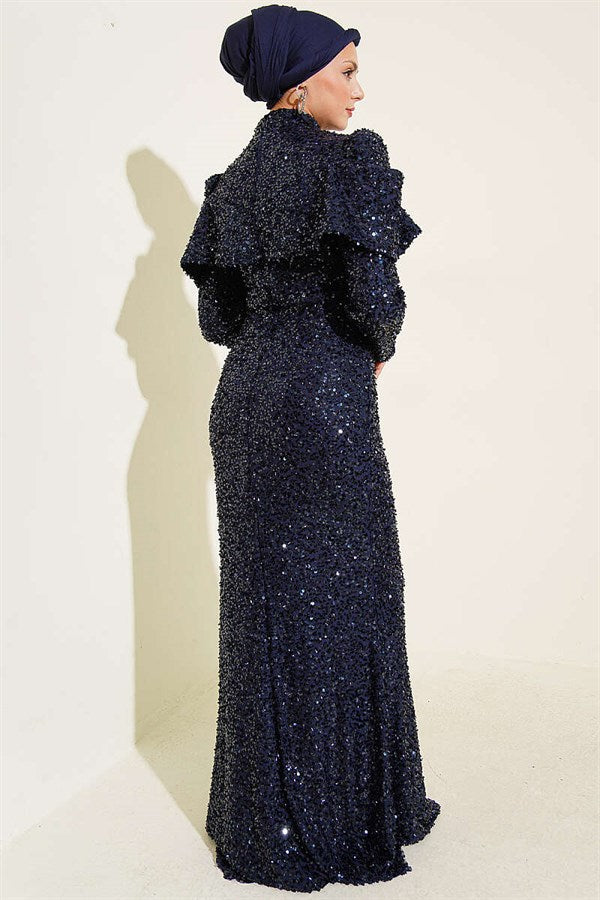Navy Blue Sequin Evening Dress with Shoulder Detail