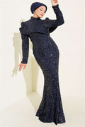 Navy Blue Sequin Evening Dress with Shoulder Detail