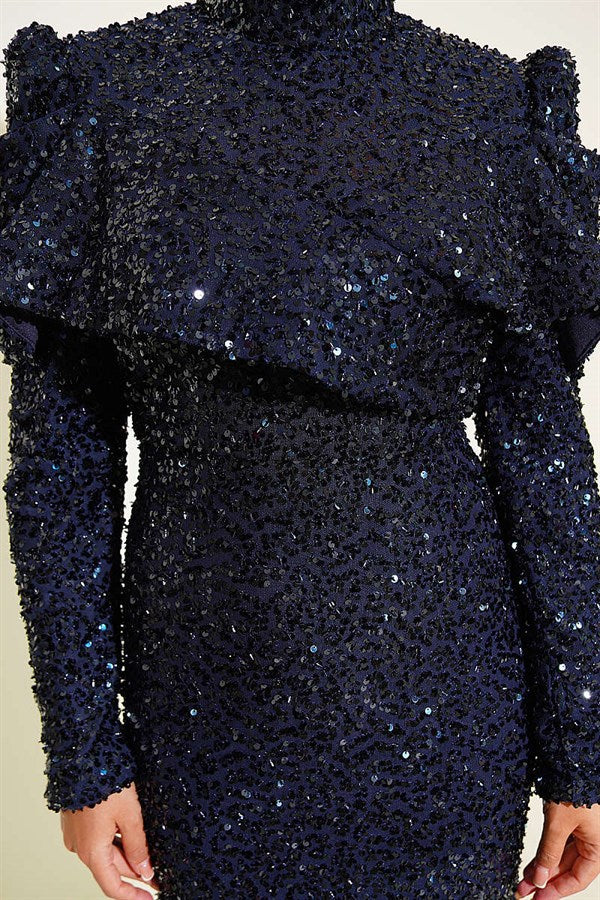 Navy Blue Sequin Evening Dress with Shoulder Detail