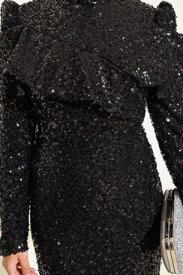 Black Sequin Evening Dress with Shoulder Detail