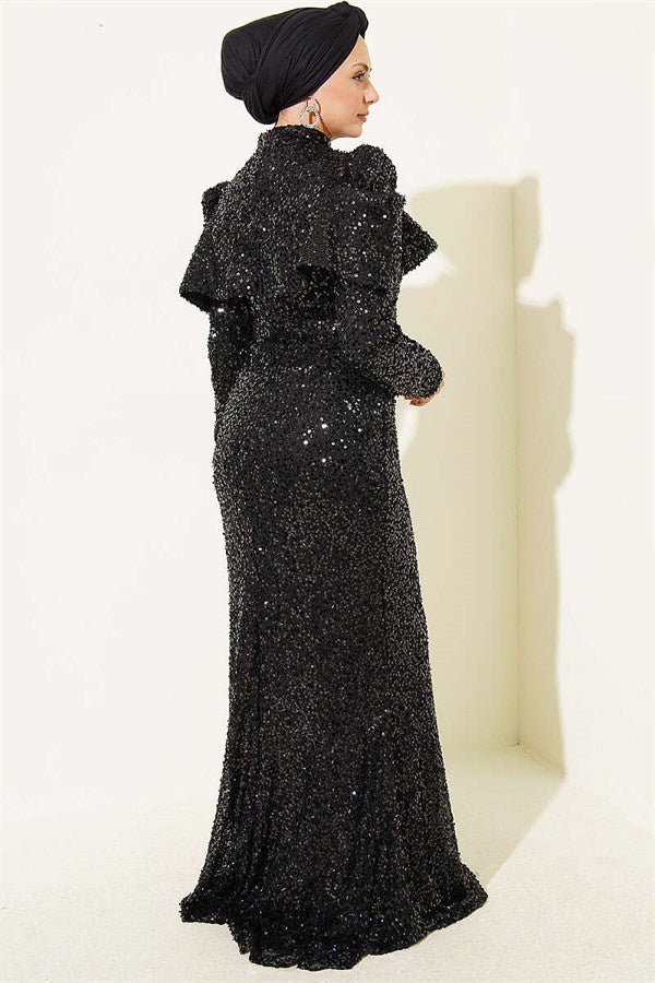 Black Sequin Evening Dress with Shoulder Detail