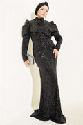 Black Sequin Evening Dress with Shoulder Detail