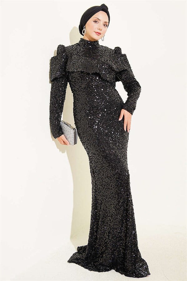 Black Sequin Evening Dress with Shoulder Detail