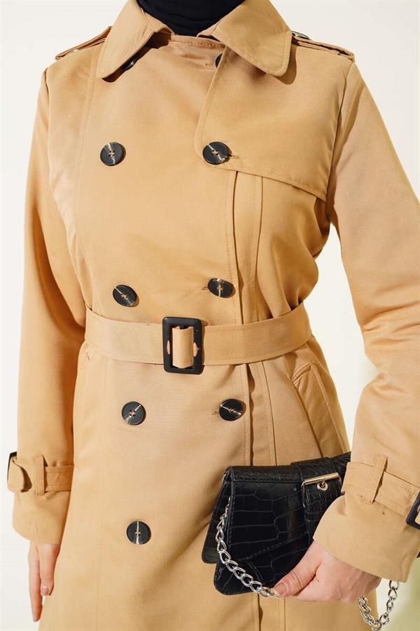 Shoulder Button Shirt Collar Trench Coat Camel