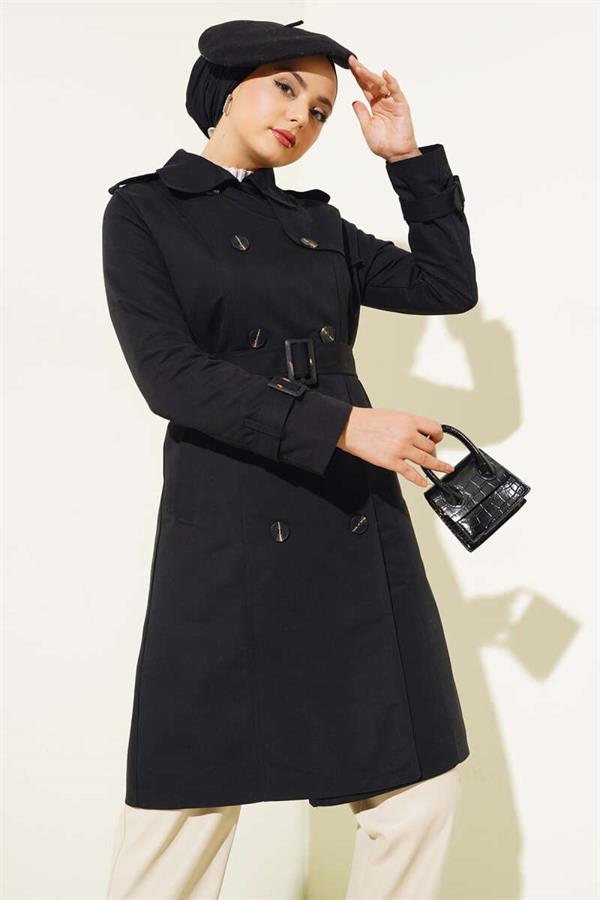 Shoulder Button Shirt Collar Trench Coat Black