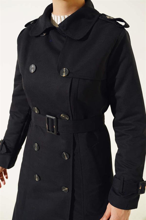 Shoulder Button Shirt Collar Trench Coat Black