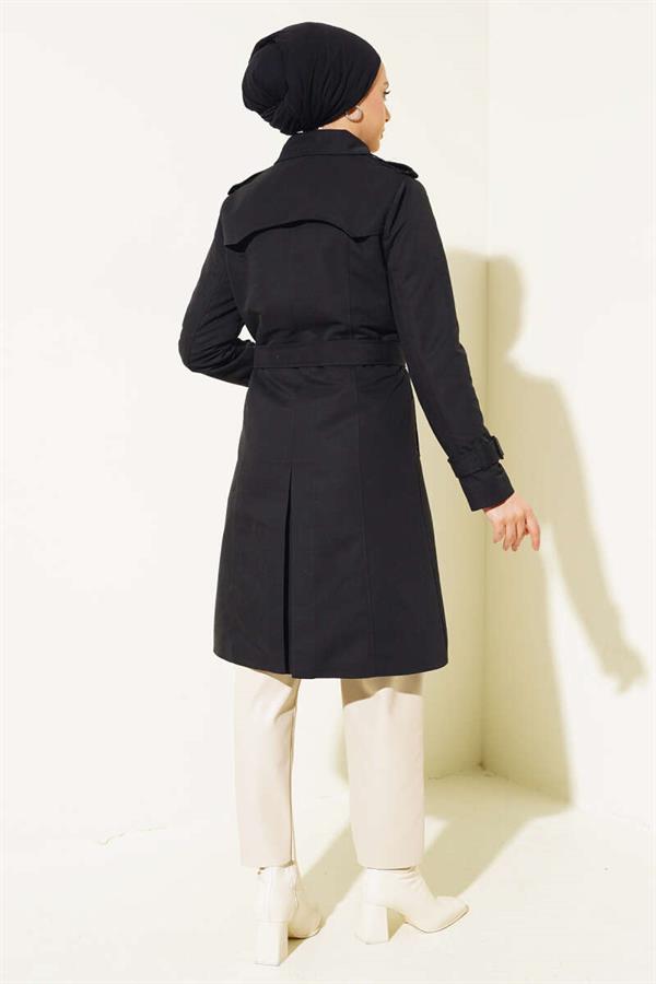 Shoulder Button Shirt Collar Trench Coat Black