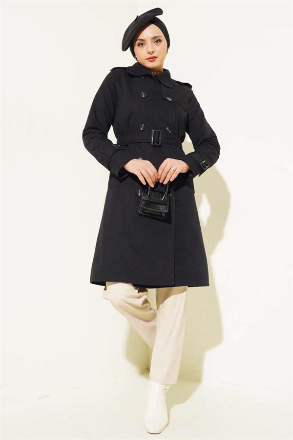 Shoulder Button Shirt Collar Trench Coat Black