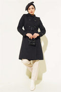 Shoulder Button Shirt Collar Trench Coat Black