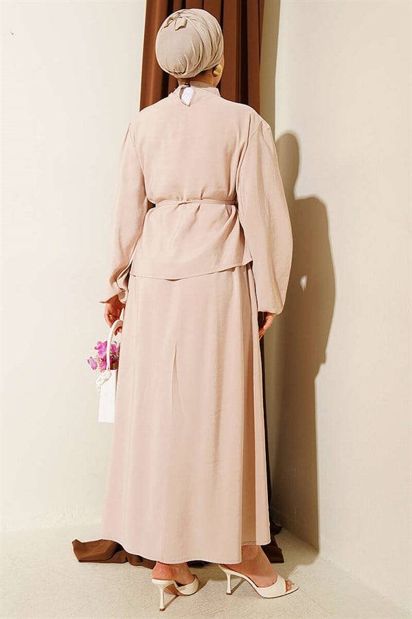 Beige Modal Skirt 2 Piece Set with Shoulder Buttons and Drawstring Belt