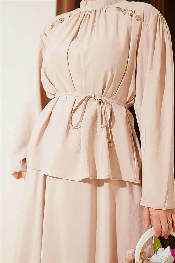Beige Modal Skirt 2 Piece Set with Shoulder Buttons and Drawstring Belt