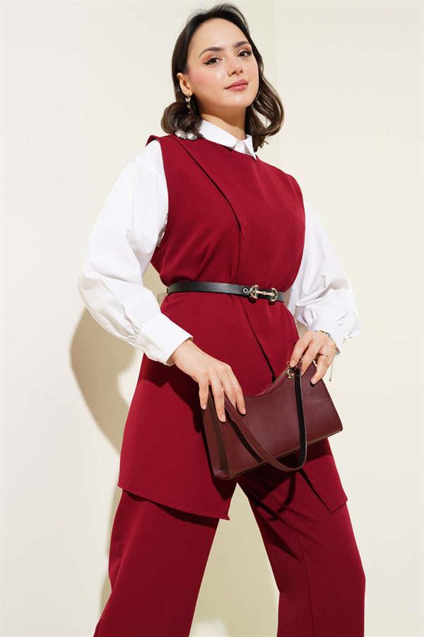 Shoulder Button Belted Vest 2 Piece Set Claret Red