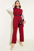 Shoulder Button Belted Vest 2 Piece Set Claret Red
