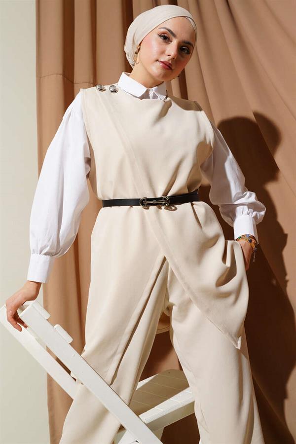 Shoulder Button Belted Vest 2 Piece Set Beige