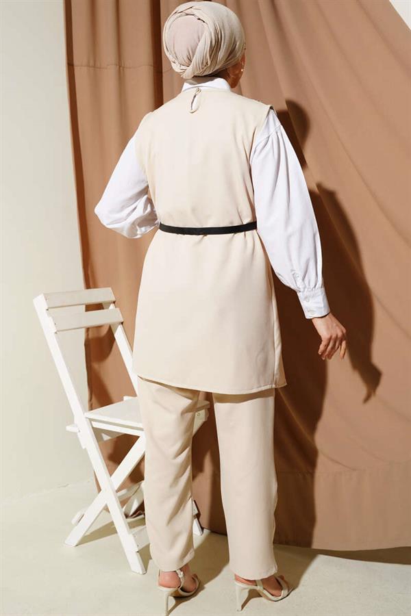 Shoulder Button Belted Vest 2 Piece Set Beige