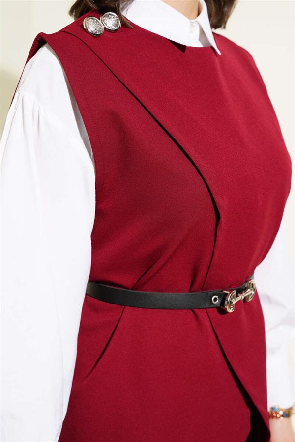 Shoulder Button Belted Vest 2 Piece Set Claret Red