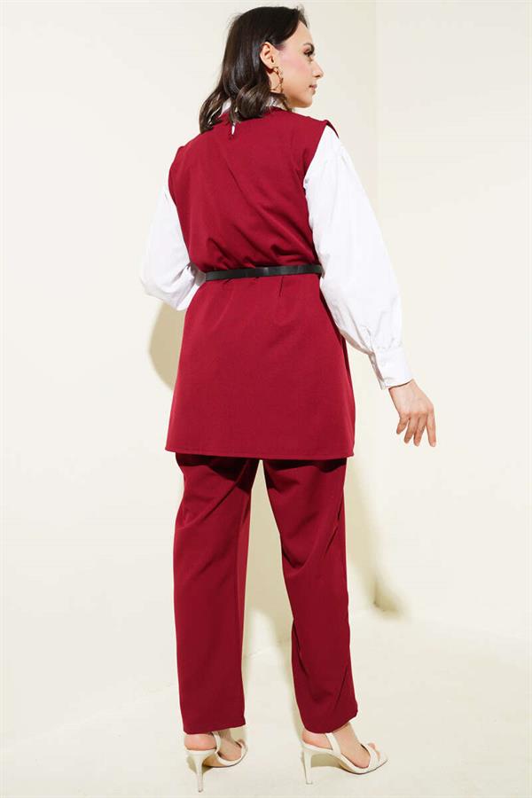 Shoulder Button Belted Vest 2 Piece Set Claret Red