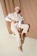 Shoulder Button Belted Vest 2 Piece Set Beige