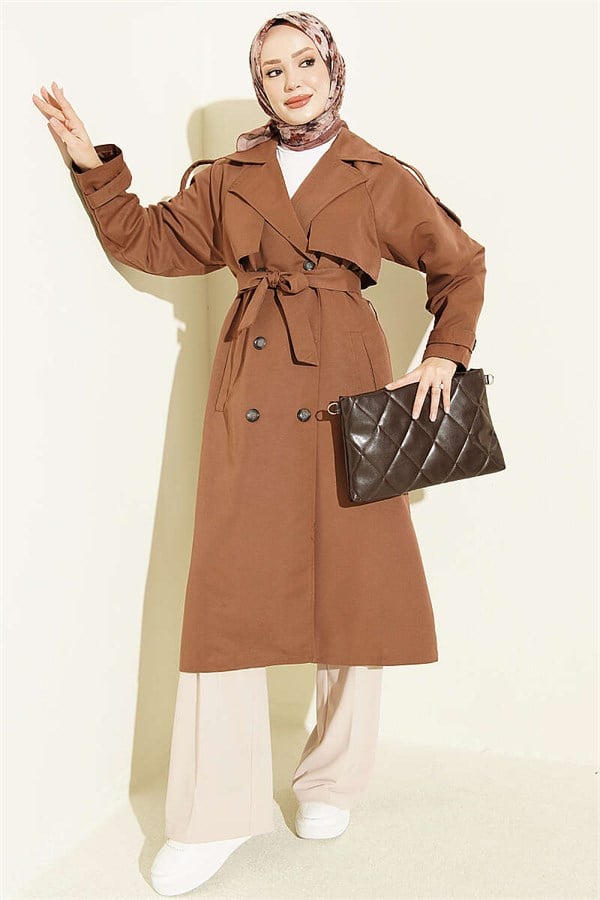 Shoulder Buttoned Belted Trench Coat, Brown