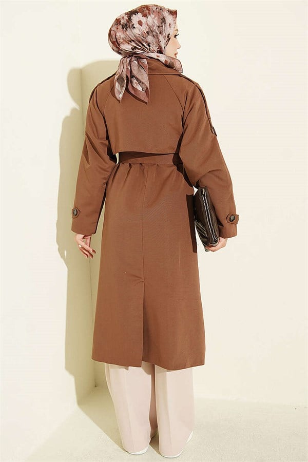 Shoulder Buttoned Belted Trench Coat, Brown