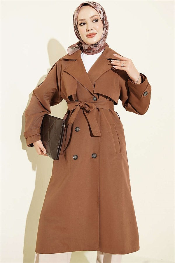 Shoulder Buttoned Belted Trench Coat, Brown