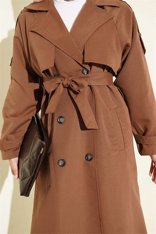 Shoulder Buttoned Belted Trench Coat, Brown