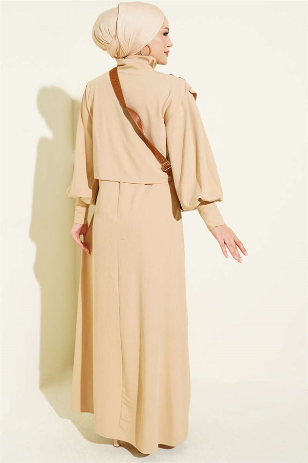 Shoulder Button Knitted Dress Beige