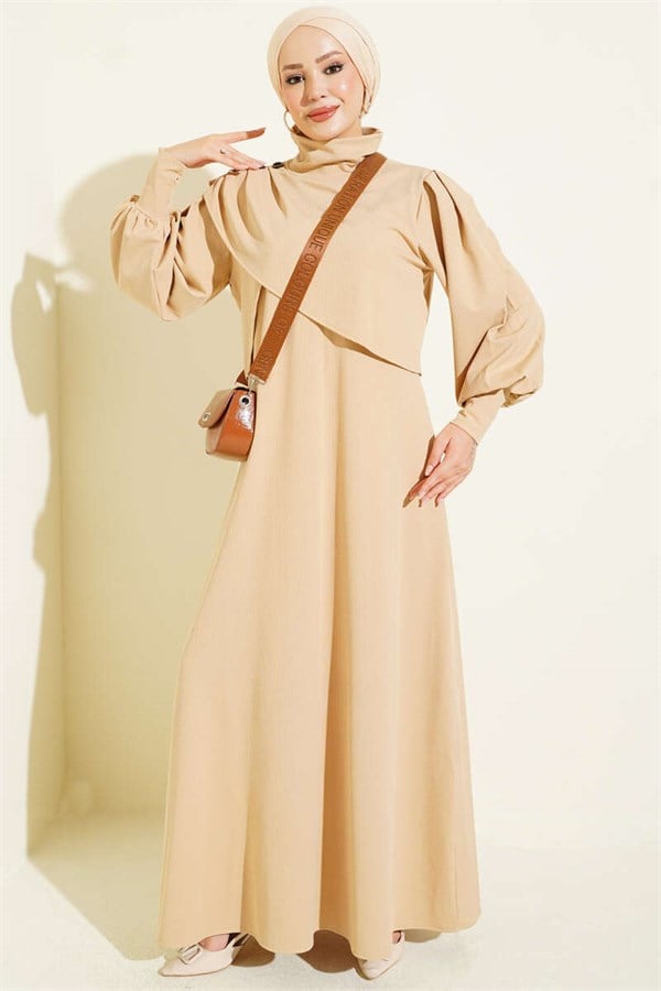Shoulder Button Knitted Dress Beige