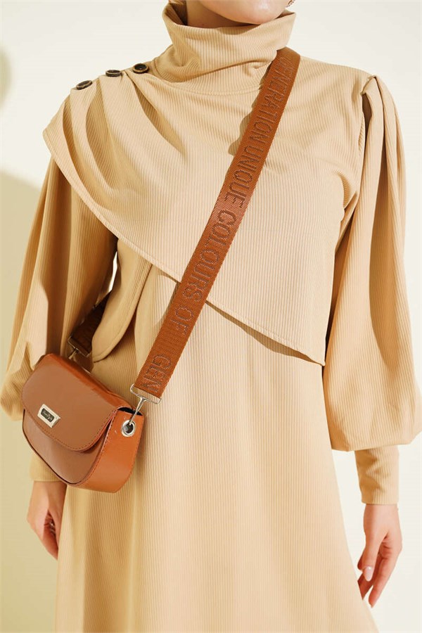 Shoulder Button Knitted Dress Beige
