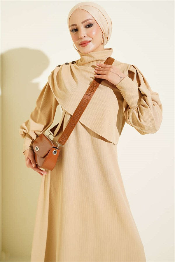 Shoulder Button Knitted Dress Beige