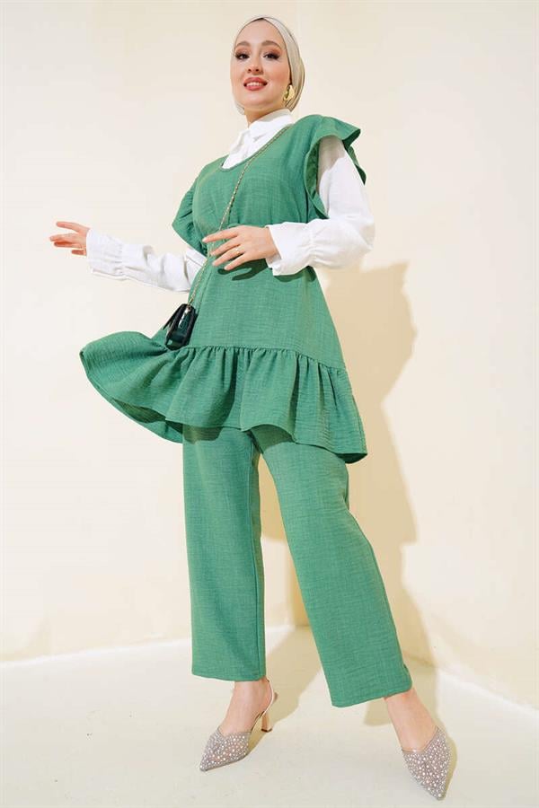  Shoulder Ruffle Three Piece Linen 2 Piece Set Green